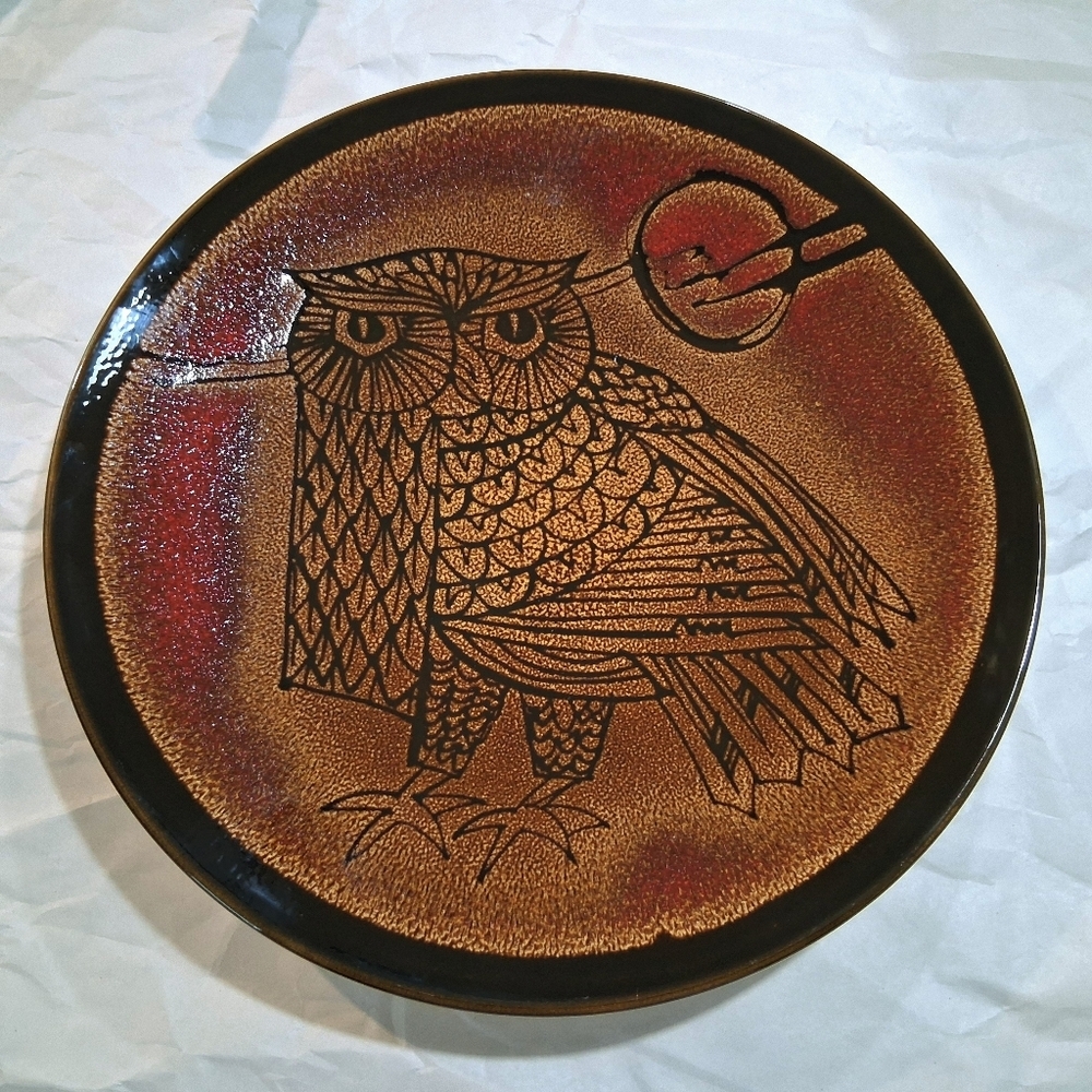 Vintage Poole Pottery Aegean Owl Carolyn Wills Charger Full Harvest Moon Large